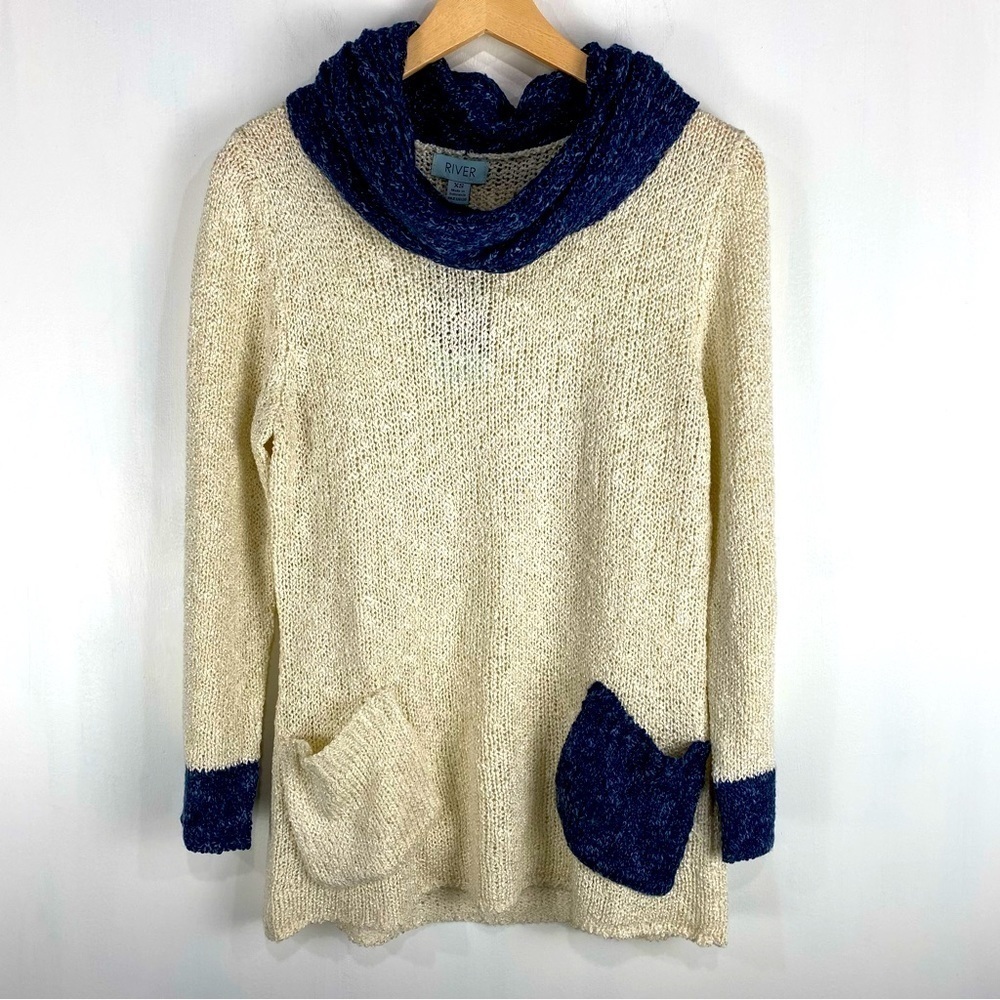 River Crochet Knit Colorblock Cowlneck Pullover Sweater Shirt Top‎ Size XS (NWT)